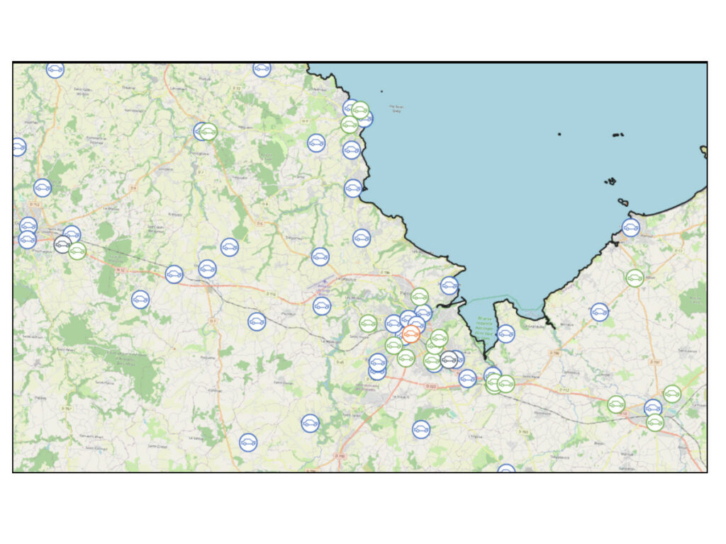 Etude cartographique menée par les consultants de notre Groupe sur les bornes de recharge de VE déjà existantes sur un territoire donné.